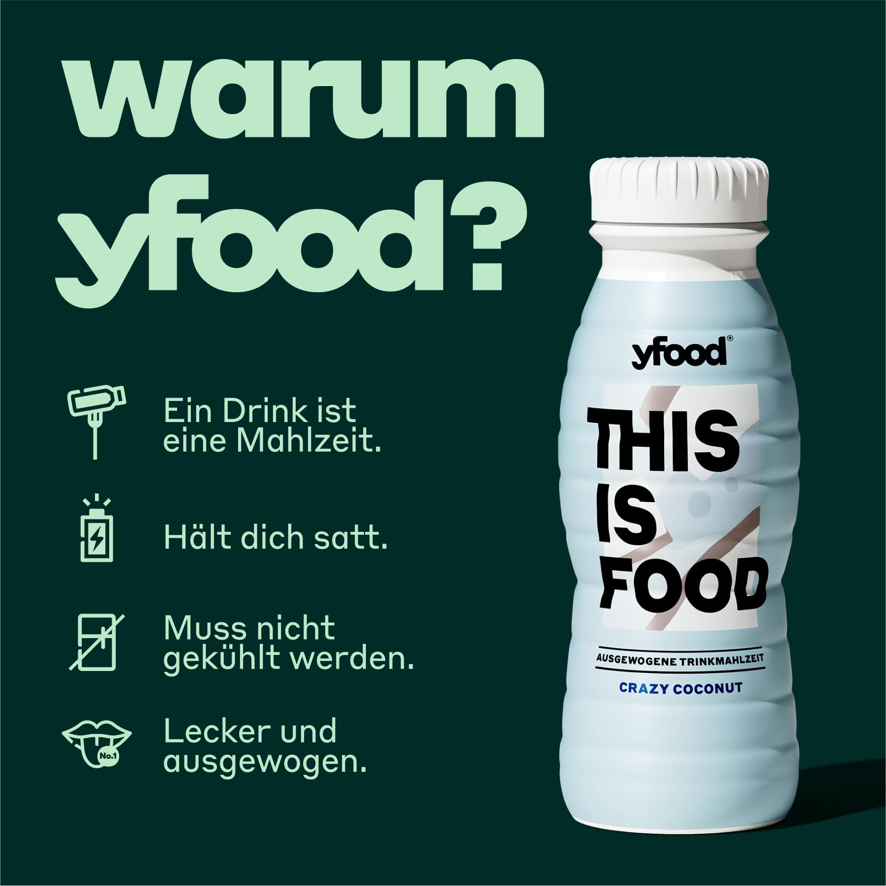 yfood Drink Crazy Coconut, 8 x 330 ml, Leckere Trinkmahlzeit für unterwegs THIS IS FOOD Drink, 23 g Protein, 26 Vitamine und Mineralstoffe, Geschmack Kokosnuss, inkl. 2 € Pfand