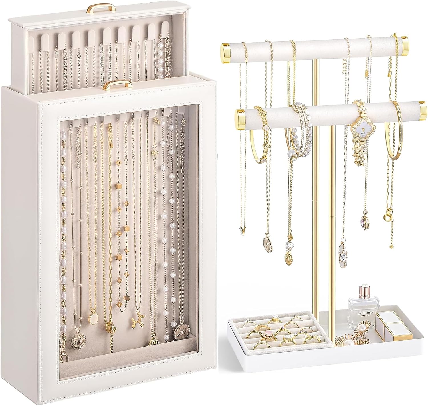 Lolalet 2-Layer Necklace Organizer Box Bundle with 2-Tier Necklace Holder Display