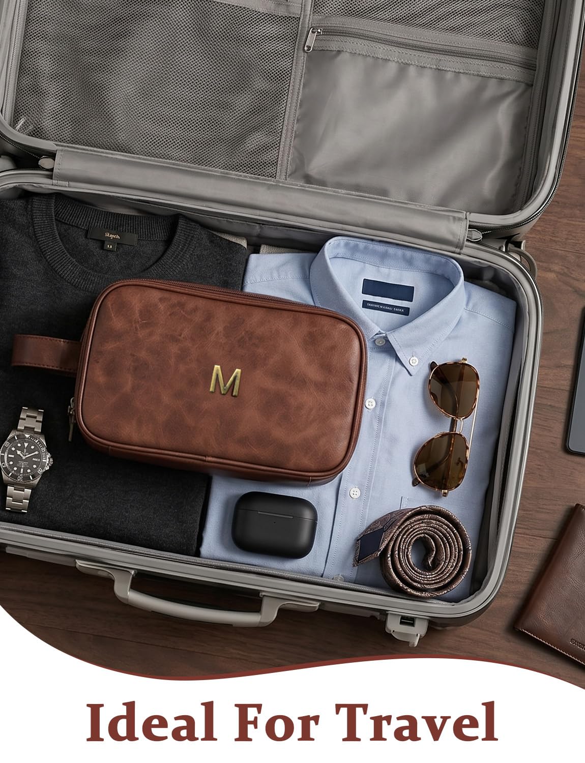 Beauty case da viaggio per uomo in pelle PU con iniziali in metallo (rosso