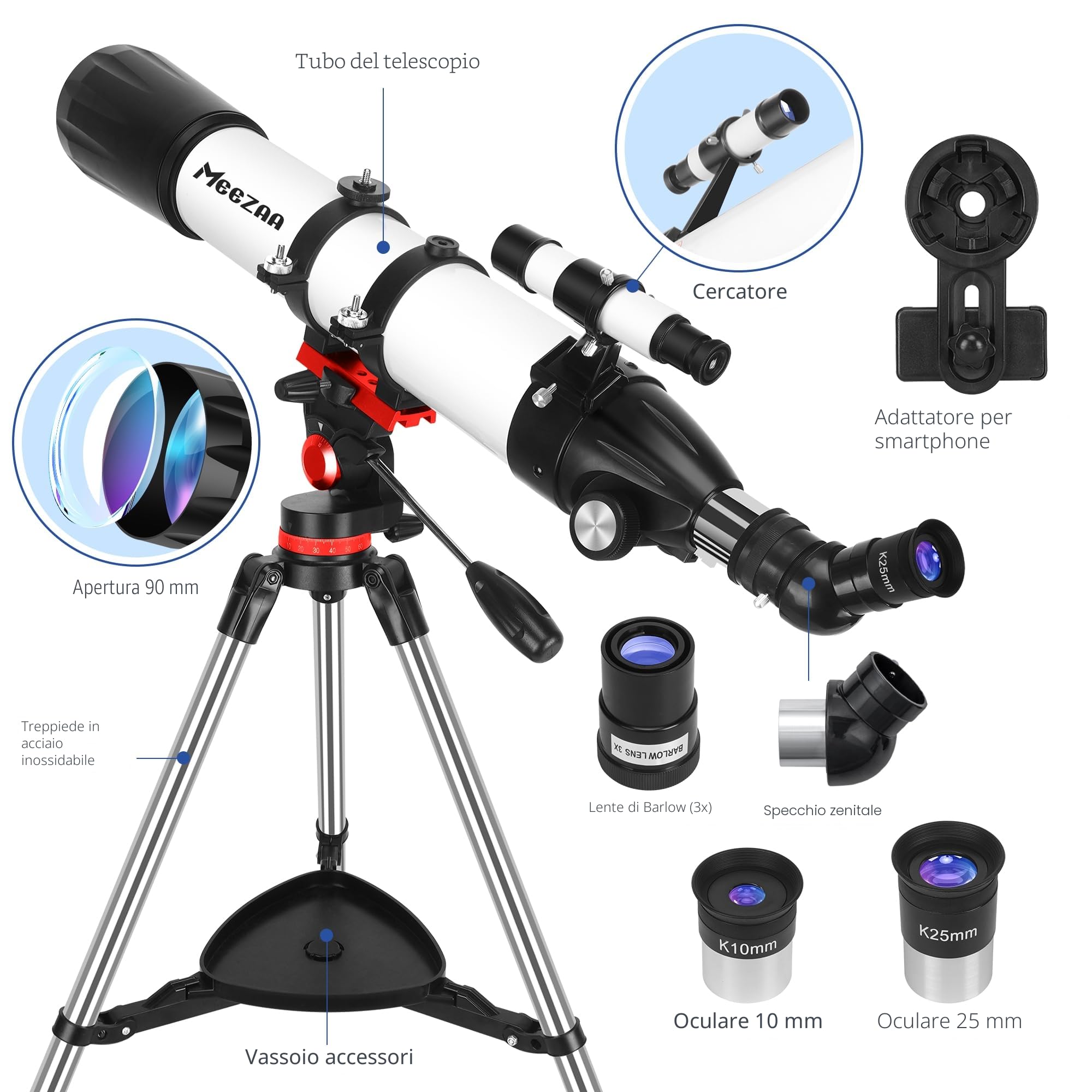 MEEZAA Telescopio, Telescopio Astronomico Professionale Potente per Adulti, 90 mm Apertura 800 mm AZ Mount Telescopi Rifrattori Portatile per Bambini e Principianti per Osservare la Luna e Pianeti