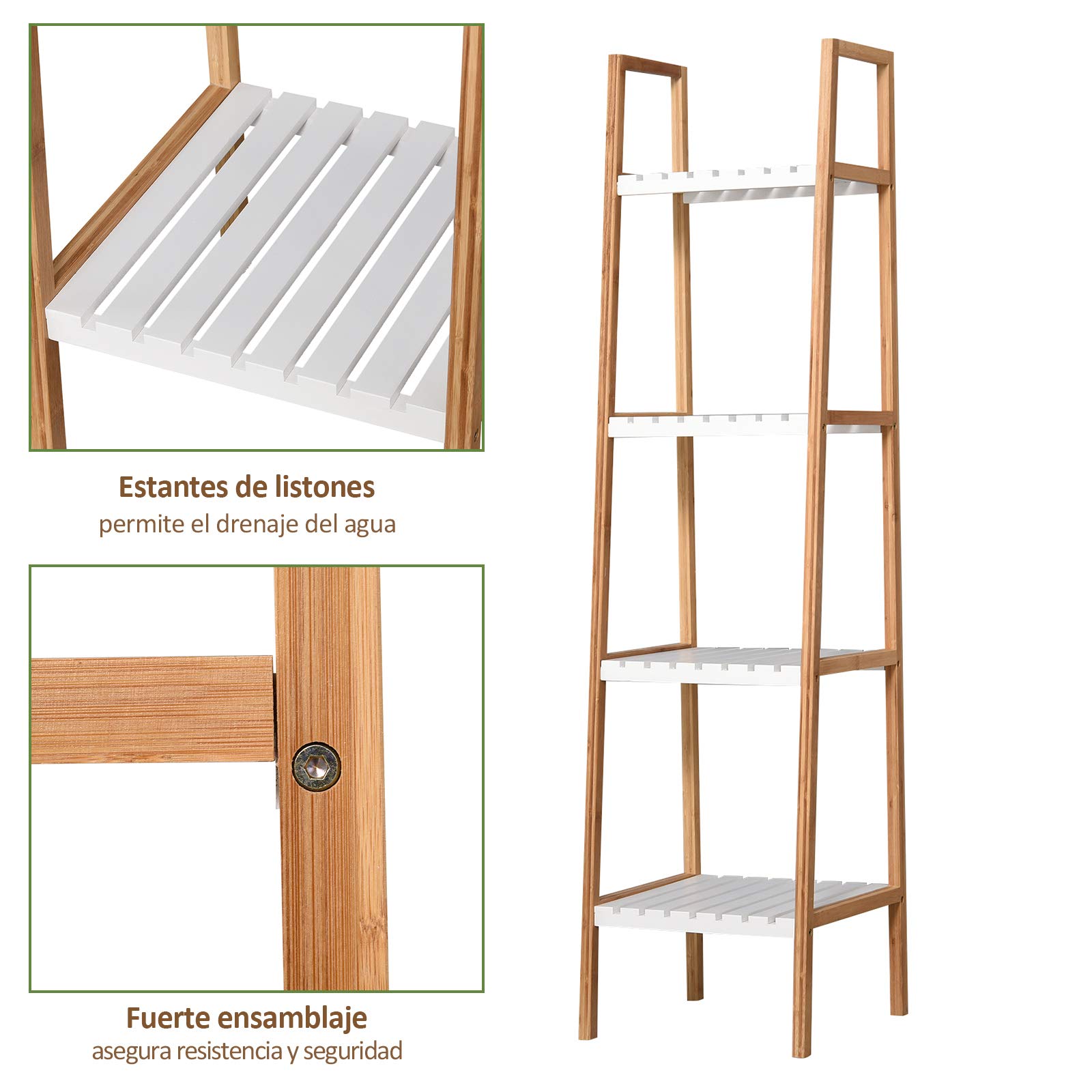 kleankin Estantería Escalera 4 Niveles 35x36x138,5 cm Blanco y Natural