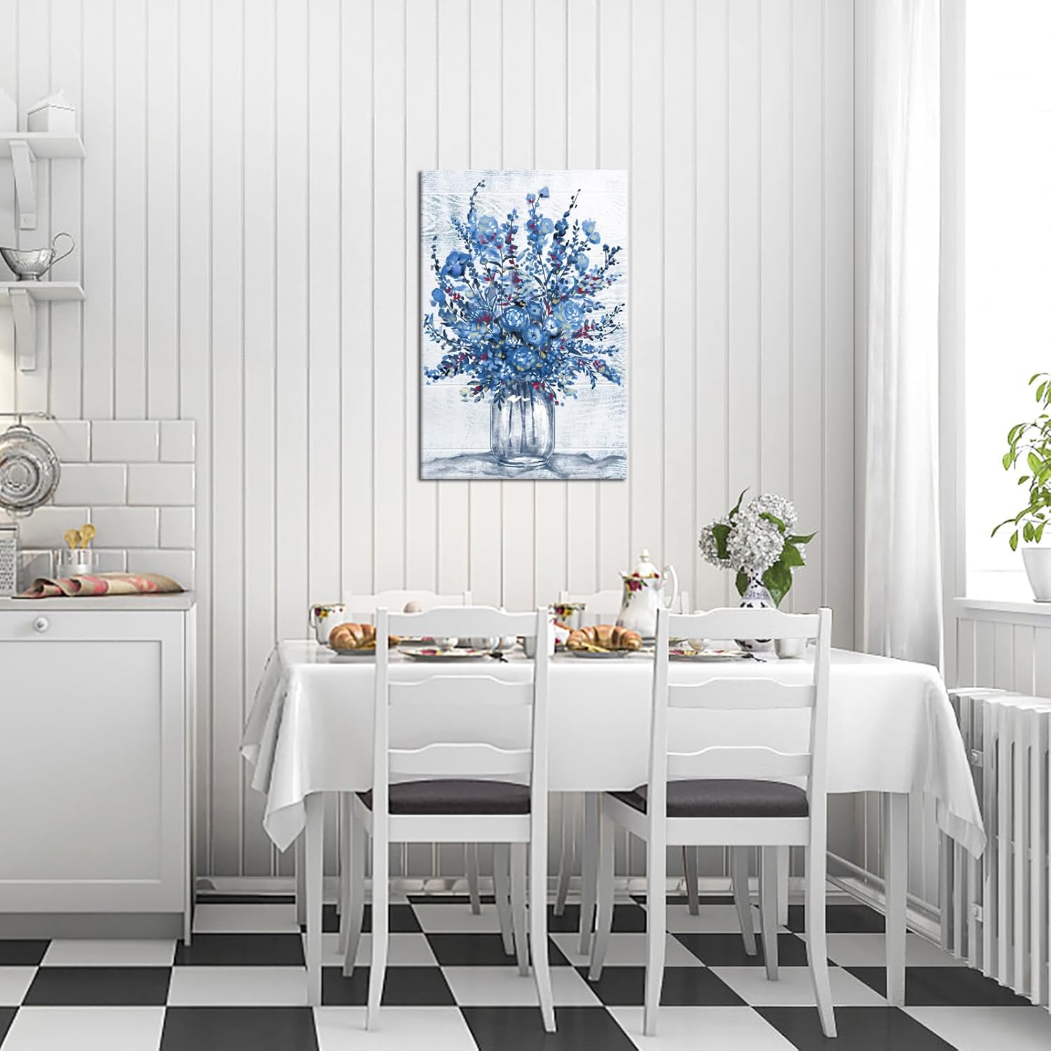 Nachic Wall Navy Blue Flower Canvas Wall Art Large Abstract Bouquet in Vase Artwork Prints for Teen Girl Bedroom Floral Pictures Bathroom Decor 16" x 24"