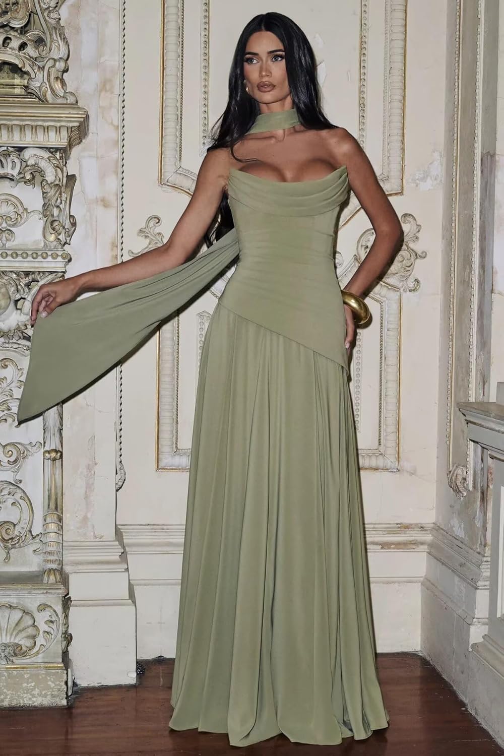 Strapless Cowl Neck Chiffon Bridesmaid Dresses for Women Corset Long Prom Dresses 2026 Ruched Maxi Dress with Scarf - Image 4