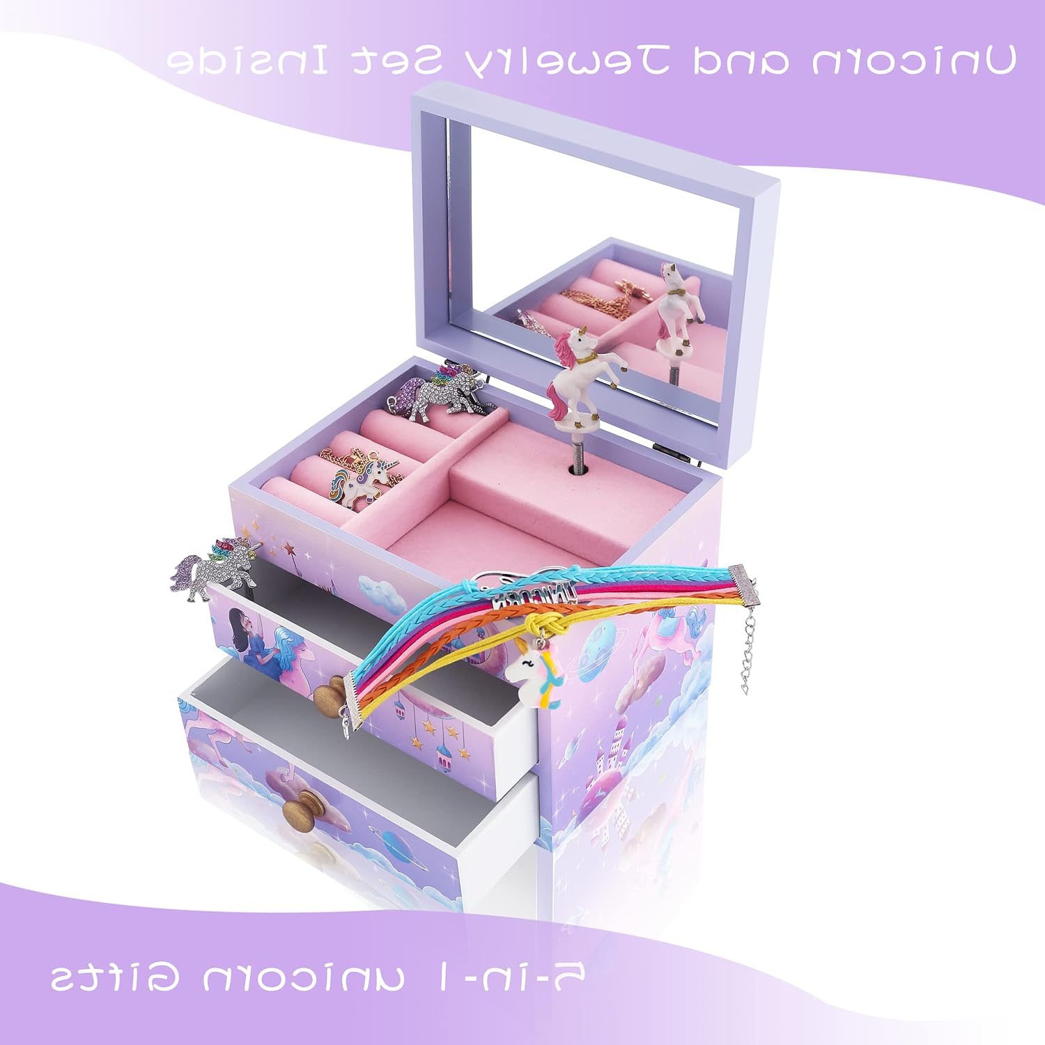 ZOOWING Girls Musical Jewelry Box Toys Gifts with Full Size Mirror and Unicorn Jewelry Set (Unicorn10), Purple - Image 3