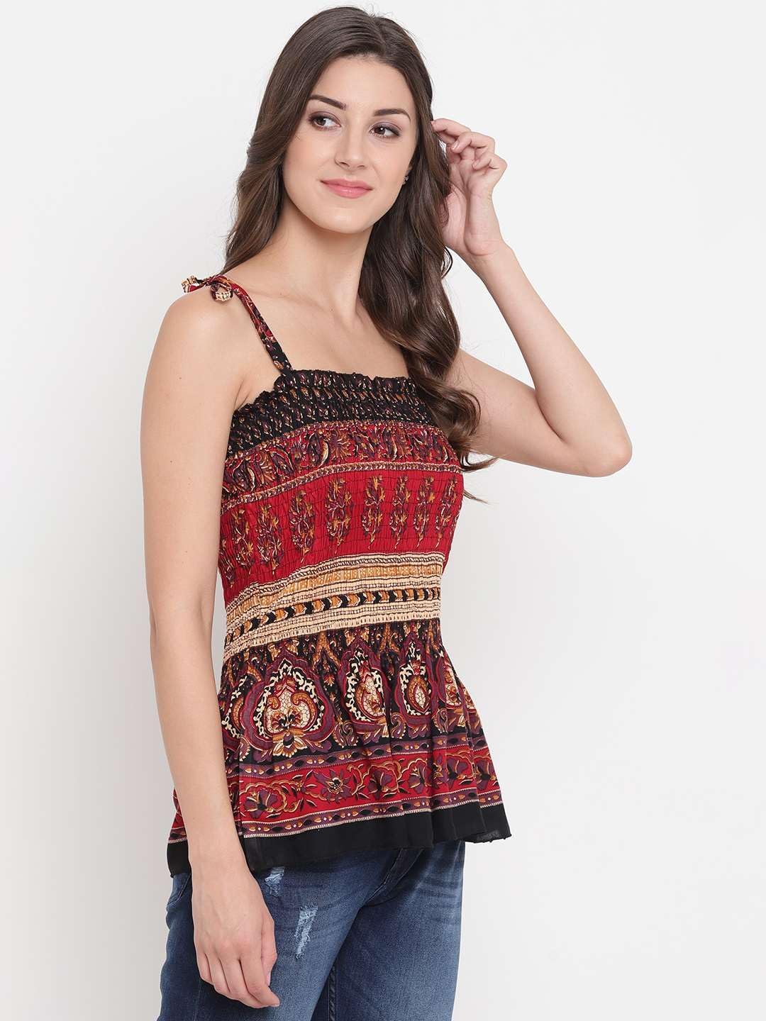 Bigdave Women's Rayon Printed Casual Summer Style Tie Shoulder Straps Free Size Tank Top (Multi6)