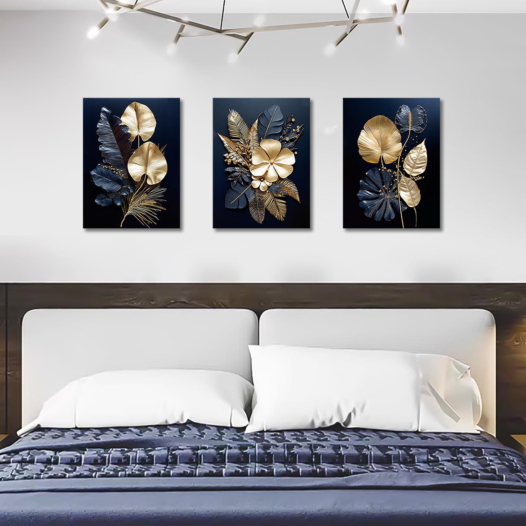 FajerminArt 3 Panels Modern Canvas Wall Art Navy Blue Gold Flowers Coconut Leaves Pictures Painting on Canvas Prints for Living Room Bedroom Office Wall Decoration Stretched On Frame 40x60cmx3Pcs — view 3