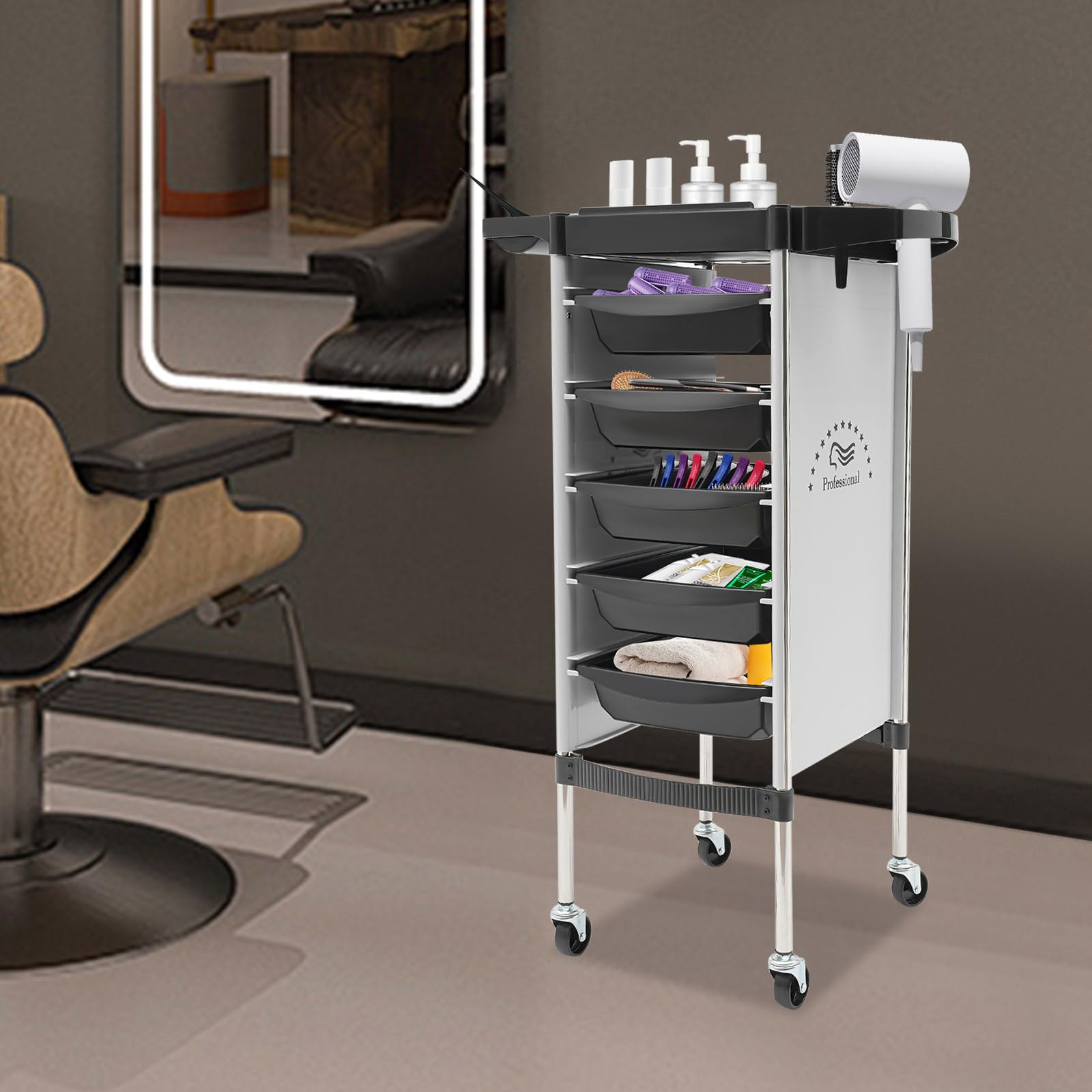 Chariot de coiffeur avec roulettes, chariot de coiffure, chariot de salon, chariot de service avec 6 étages, organiseur d'ustensiles de salon, multifonction (blanc)