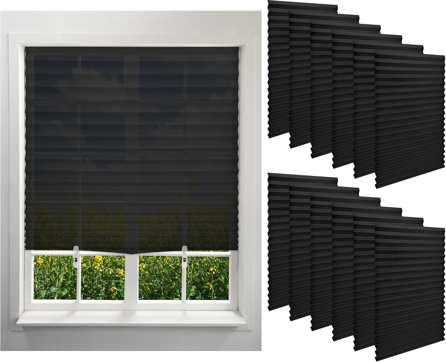 Kigley 12pcs Black Filtering Temporary Blinds for Windows, Cordless Light Filtering Fabric Shade Self Adhesive Window Shade, Easy to Cut and Install, with Clips (48x72inch)