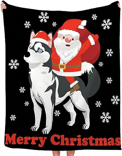 Manta de franela de forro polar de Navidad con Papá Noel Riding Husky, manta ligera para niños y niñas, regalo para Navidad, manta suave para todas
