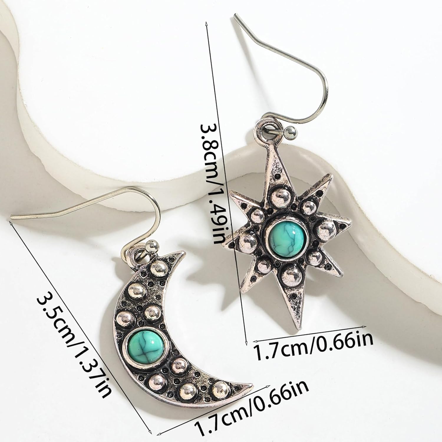 Turquoise Star Moon Dangle Earrings for Women, Bohemian Ethnic Celestial Asymmetry Hook Earring, Vintage Hypoallergenic Jewelry - Image 9