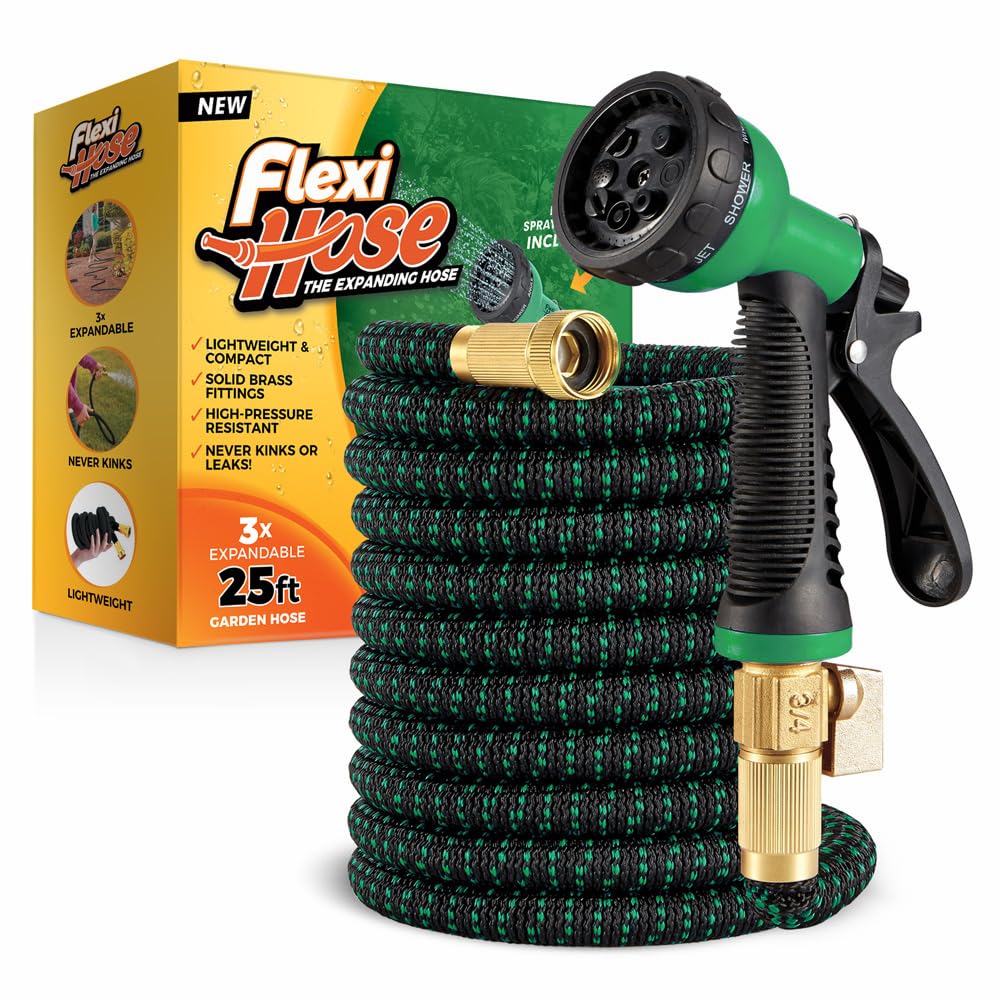 Flexi Hose with 8 Function Nozzle, 25FT Expandable Garden Hose