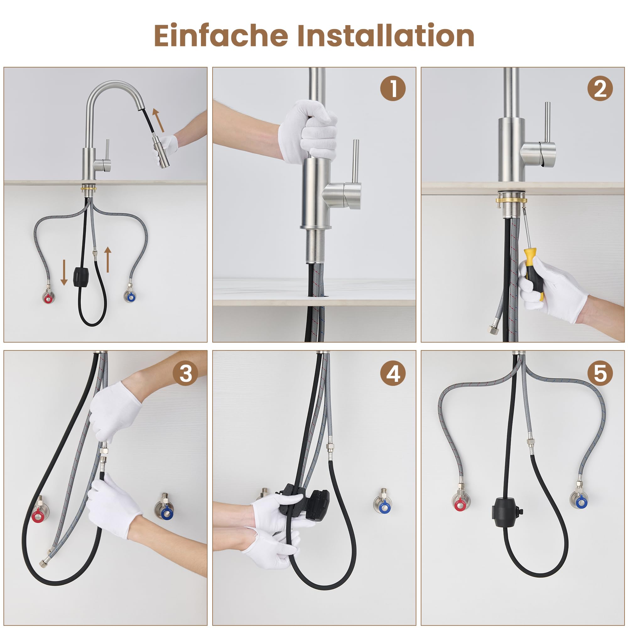 KPW Küchenarmatur Edelstahl Gebürstet Nickel mit Herausziehbarer Brause | Spültischarmatur mit Hohem Auslauf, Einhand-Mischbatterie für Küche, 1-Loch-Montage, inkl. Flexibler Anschlussschläuche