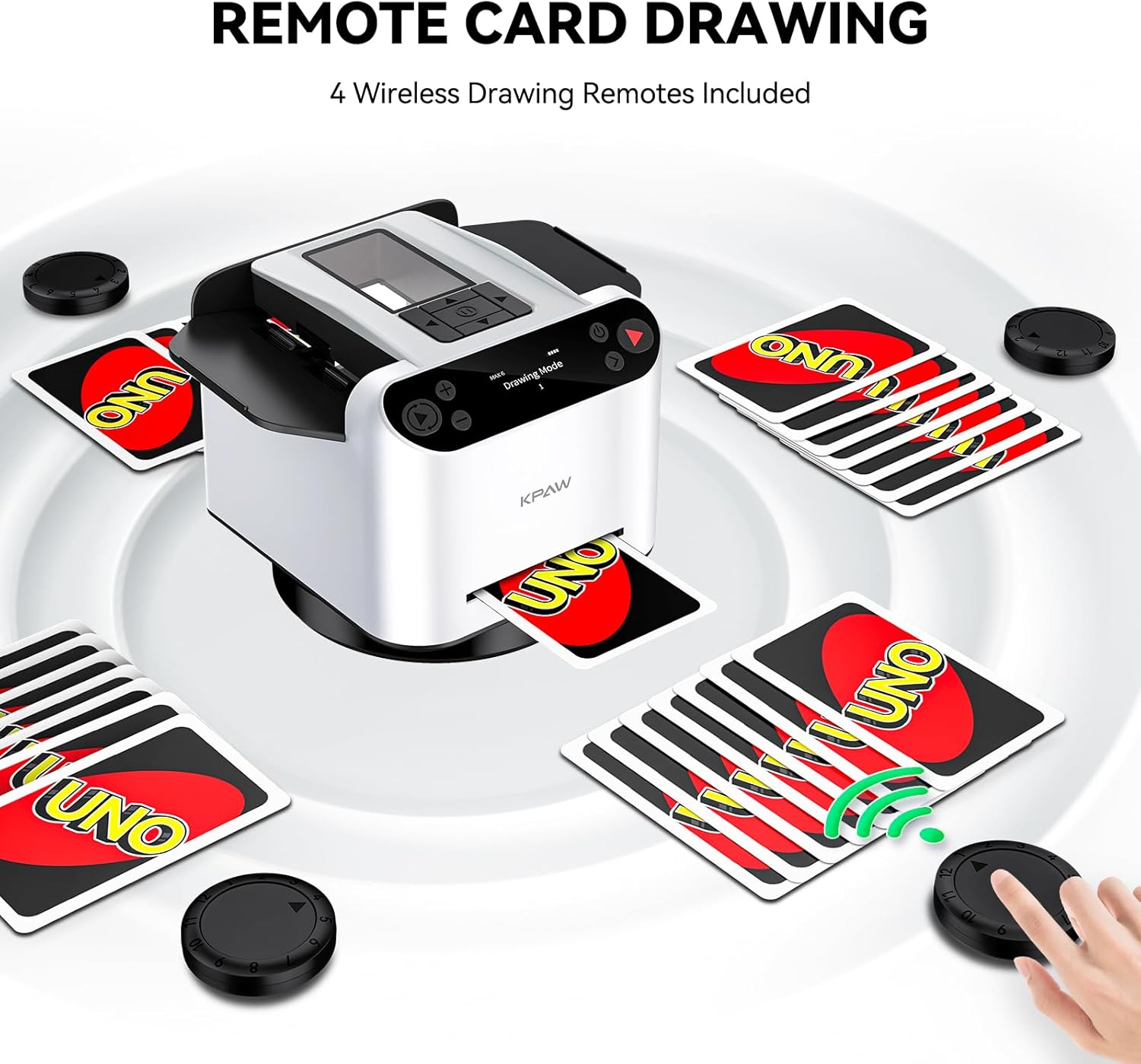 KPAW Automatic Card Shuffler and Dealer - 1-2 Decks Support 12 Players, 4 Drawing Remotes, Auto Post-Shuffle Deal, Consecutive/Random Dealing, for Poker, Blackjack, UNO, Phase 10, Five Crowns (White)
