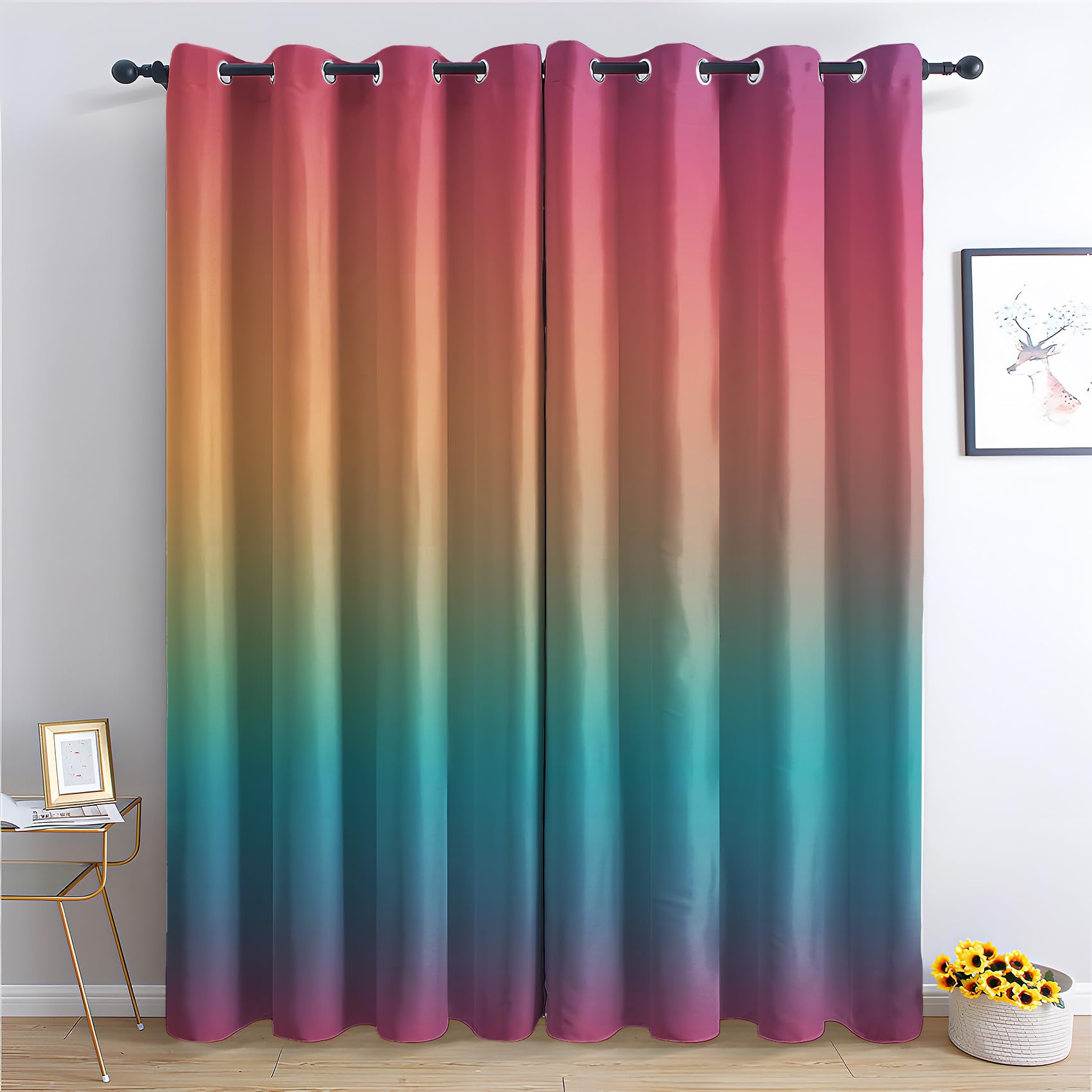 Zcwl Red Orange Teal Rainbow Multicolor Curtains For Bedroom Living Room, Colorful Ombre Patterned Blackout Curtains, Thermal Insulated Eyelet Curtain, 90 Drop Window Treatments Drapes, 66X90 Inch (W X L), 2 Panels
