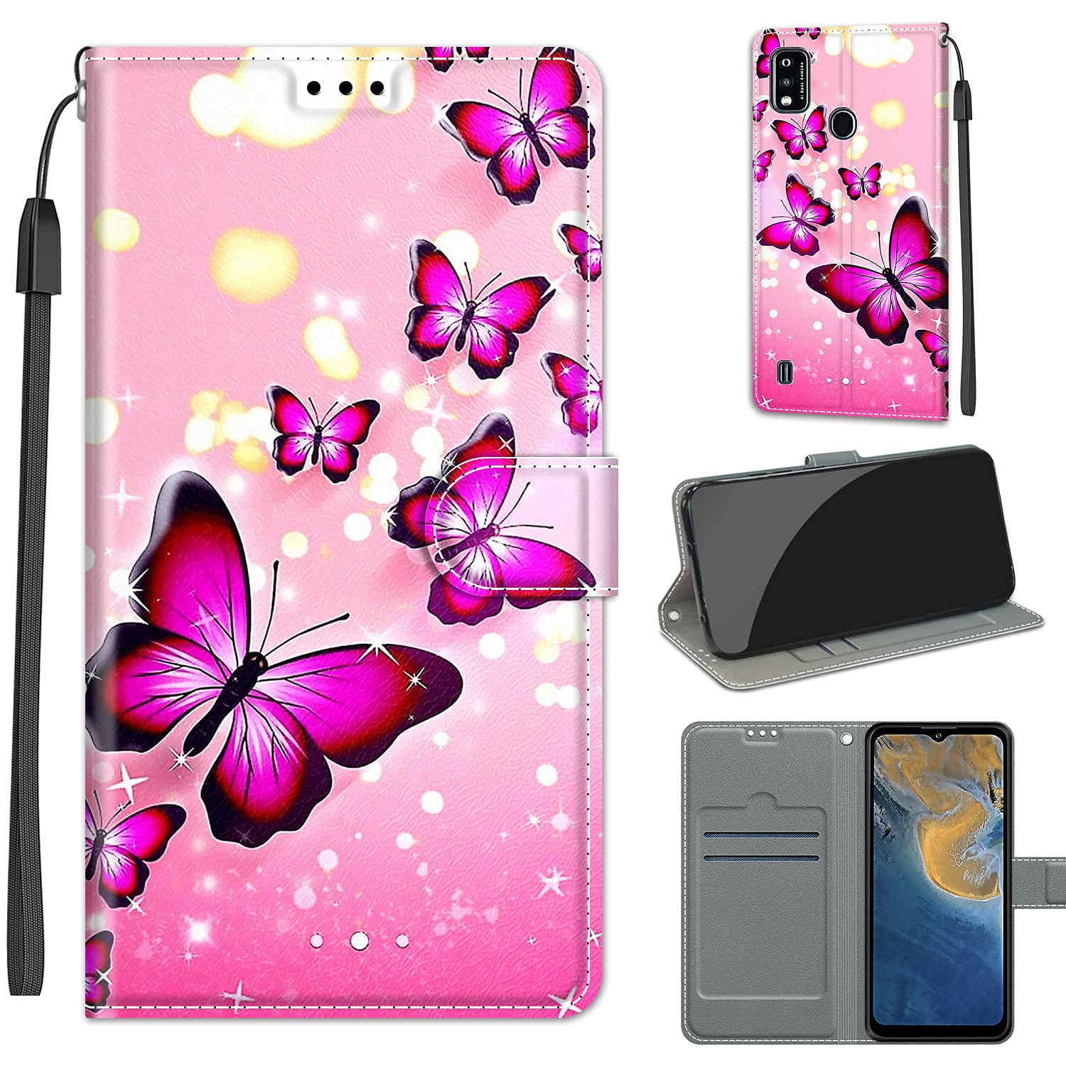 Custodia Portafoglio Con Fiori Rosa Per ZTE Blade L130 - Cover In Pelle PU Con Funzione Stand, Slot Per Schede E Chiusura Magnetica, Protezione Antiurto
