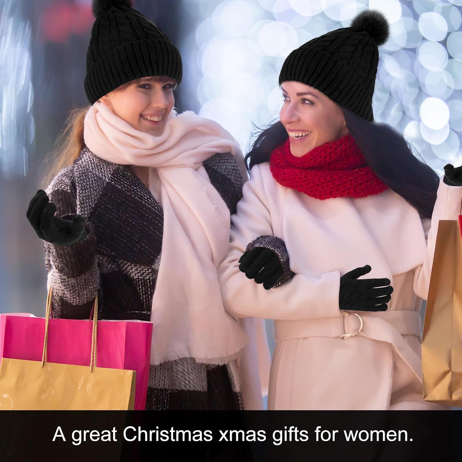 Geyoga 6 Pcs Winter Knit Set with Knit Beanie Hat Long Scarf Touchscreen Gloves Foldable Earmuff Fleece Socks for Women