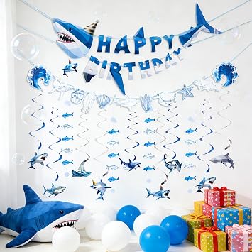SUNBEAUTY 17Pcs Shark Birthday Party Decorations Under the Sea Party Decorations with 8.2Ft Happy Birthday Banner Shark Party Hanging Swirls Sea Animal Garlands for Birthday Party Baby Shower