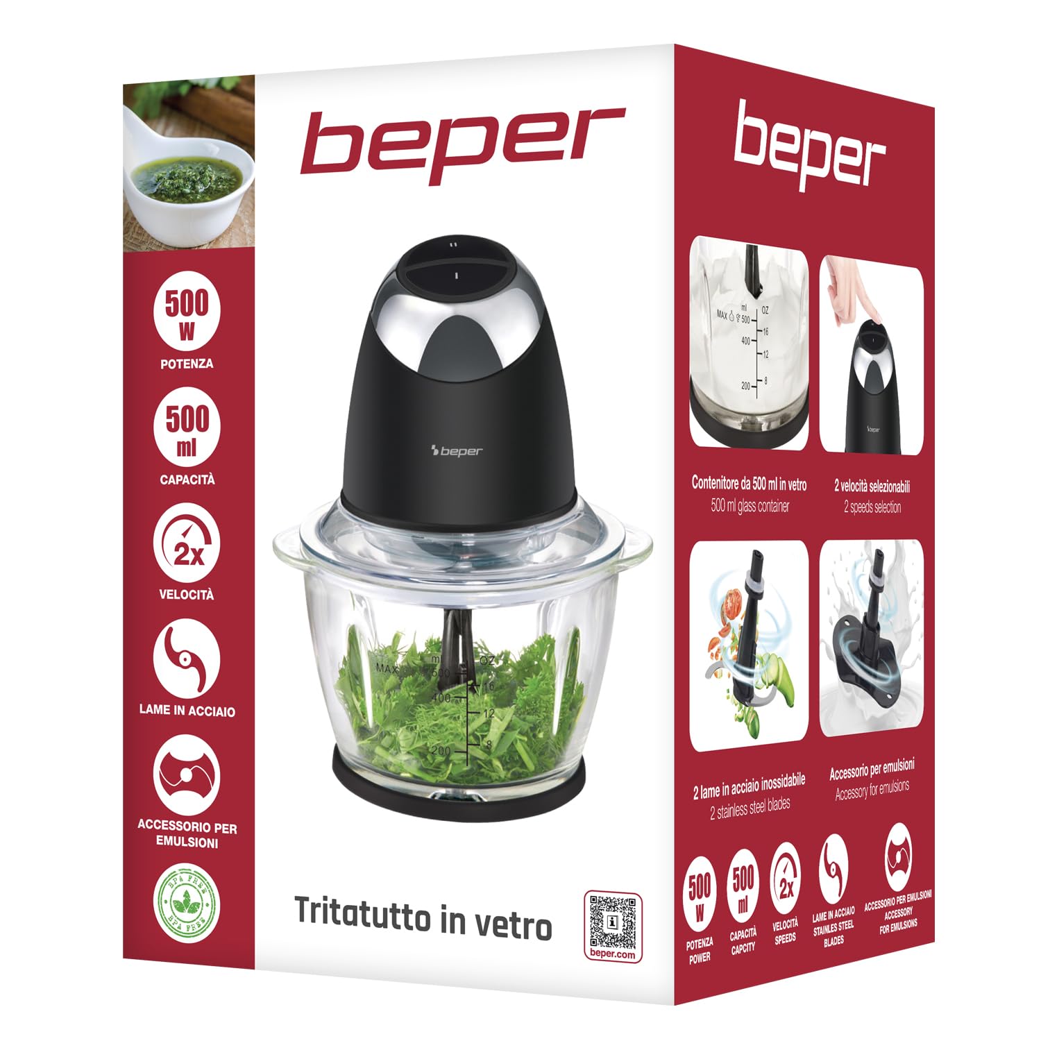 BEPER P102ROB003 Tritatutto Elettrico Chop&Whip con Contenitore in Vetro 500ml, Lame in Acciaio Inox, 2 Velocità, Accessorio per Emulsionare e Montare la Panna, Compatto, Sicuro e Facile da Pulire