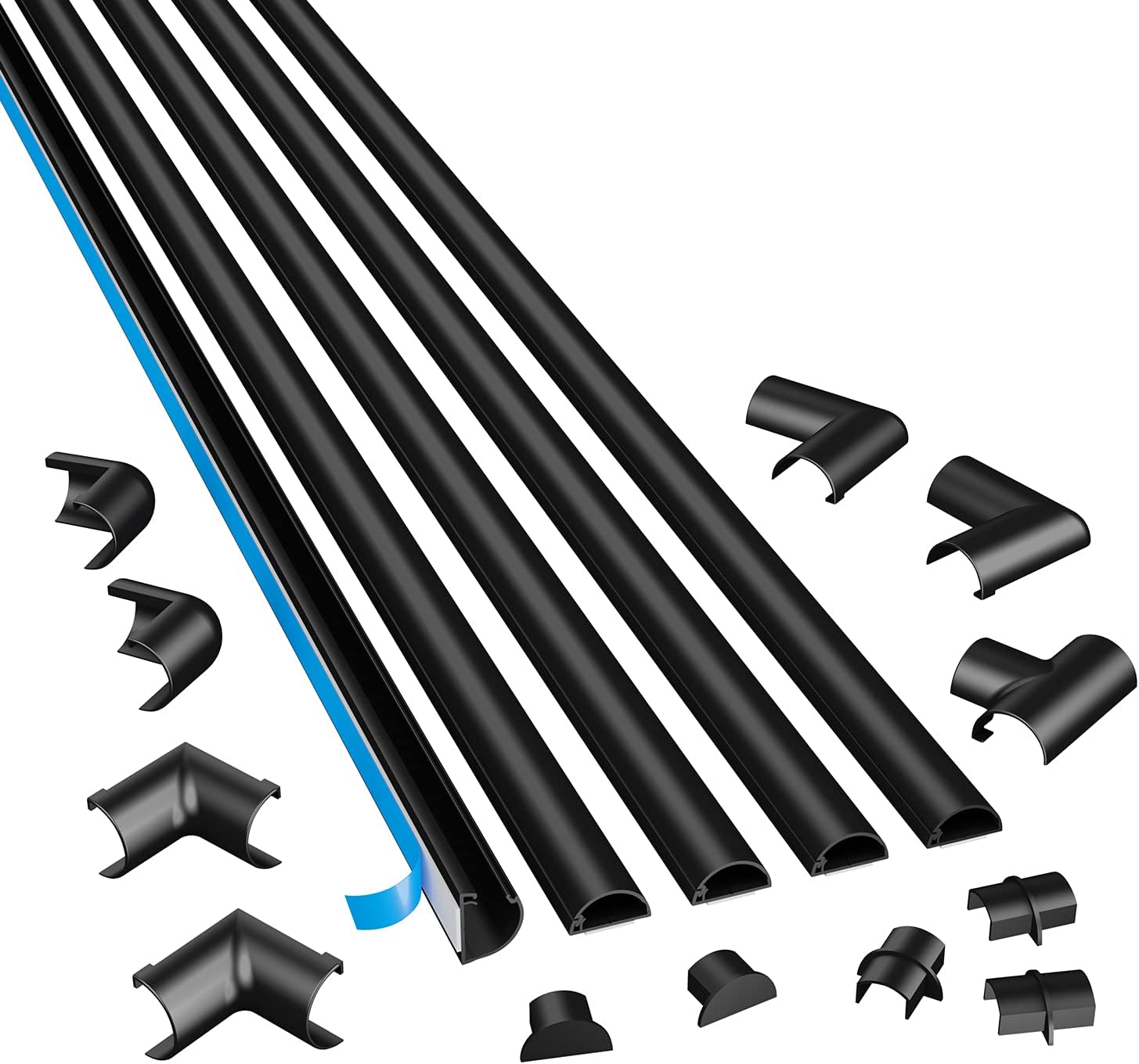 D-Line Small Cable Raceway Multipack, 4x 39" Lengths with Accessories & 1x Small Cable Raceway 39" Length - 5x 0.78" (W) x 0.39" (H) x 39" Lengths (16.4ft Total) with 12 Accessories - Black