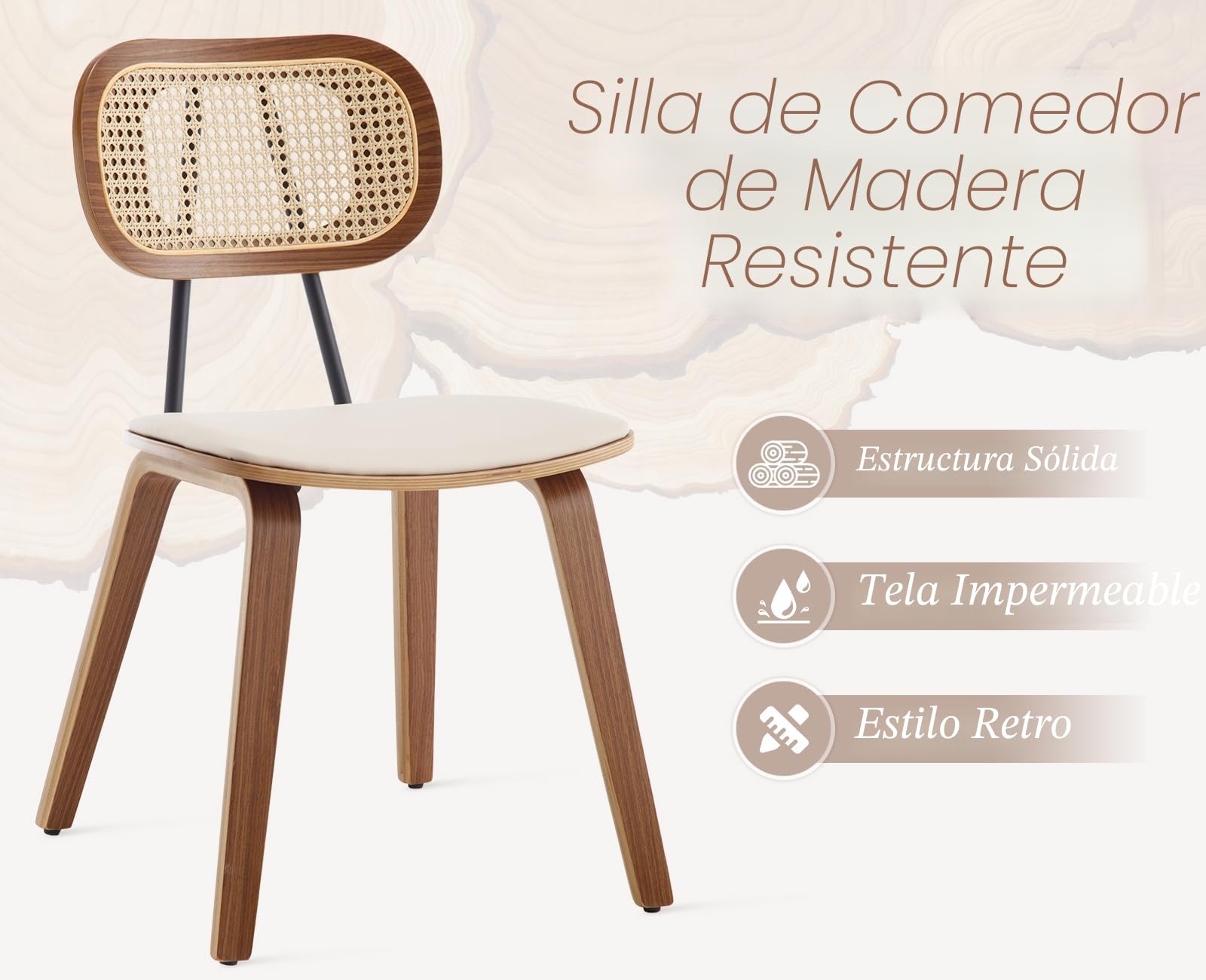 chairus 2PCS Sillas de Comedor de Madera con Asiento de Cuero PU, Beige | Respaldo de Ratán, Moderno, Patas de Madera, para Cocina