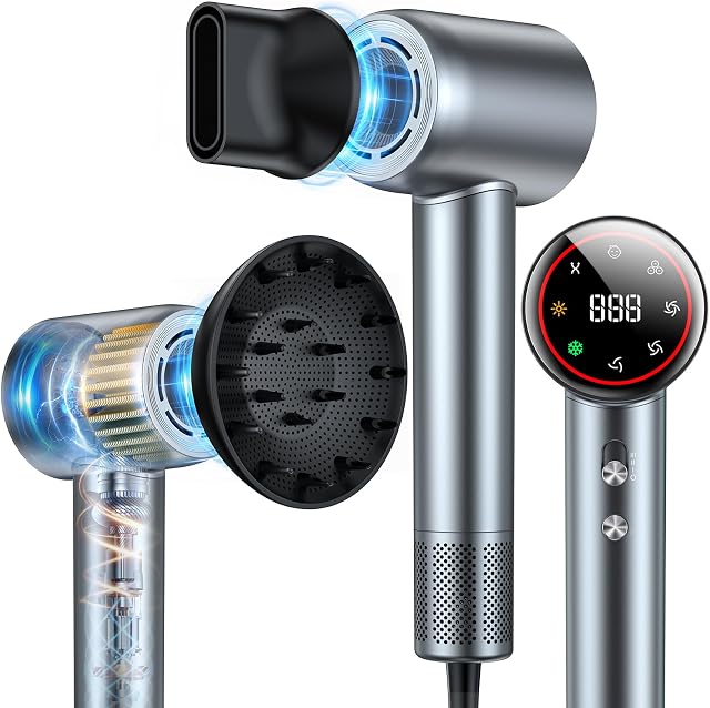 Séchoir à cheveux,160000 RPM Séchoir à sourcils haute vitesse avec 200 Millions de Négatif Ionique, Thermo-Contrôle de Bruit Séchoir Professionnel à Cheveux avec Diffuseur et Buse, Séchoir Portable à Chevaux pour les Voyages à domicile