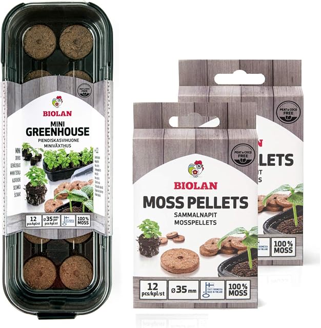 Biolan Mini Greenhouse - Propagator for 12 Seeds with 36 pcs of Peat-Free Sphagnum Moss Pellets for Seed Tray - Seed Propagators with Lids