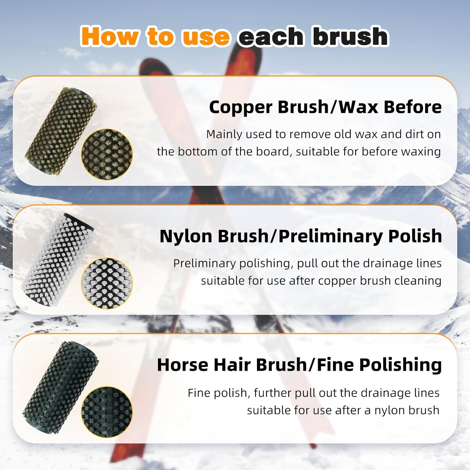 150mm Ski Roto Brush Kit Roto Brush Handle Axle with All 3 Brushes (Brass, Horse Hair and Nylon) with Protector Storage Bag, Handle Ski Rotation Brush Kit Using on Electric Drill