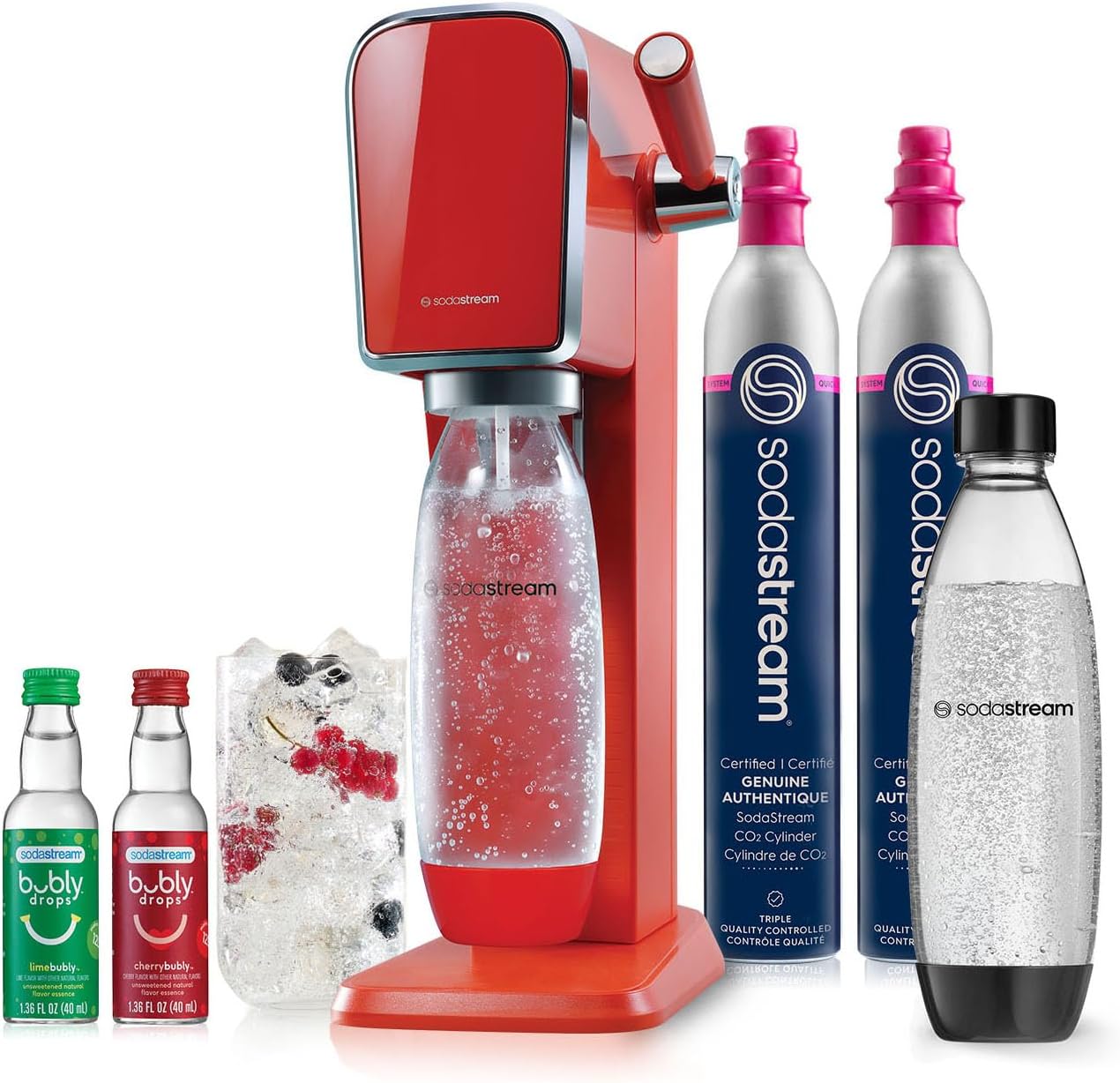 ART Sparkling Water Maker | VALUE BUNDLE | CQC CO2 system | Includes 2x CO2 Cylinders, 2x 32 Fl Oz Dishwasher Safe Bottles, 2x Bubly Flavor Drops | Combine with Flavors | Mandarin Red