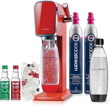 SodaStream - ART Sparkling Water Maker | VALUE BUNDLE | CQC CO2 system | Includes 2x CO2 Cylinders, 2x 32 Fl Oz Dishwasher Safe Bottles, 2x Bubly Flavor Drops | Combine with Flavors | Mandarin Red