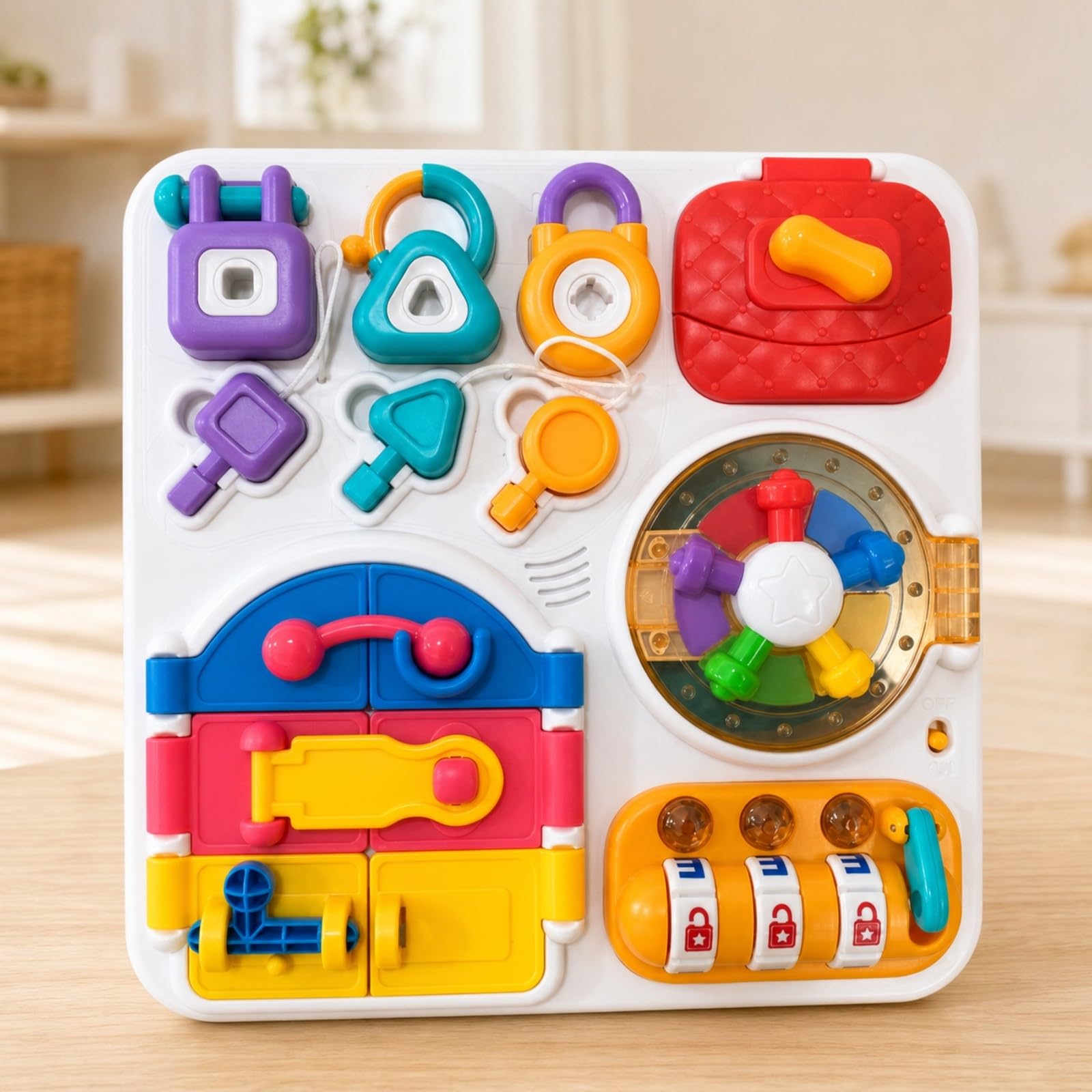 Bunt Beschäftigungsbrett mit Schlössern Motorikbrett, kompaktes Design für Unterwegs, Motorikbrett mit Schlössern, Zimmer, Babys