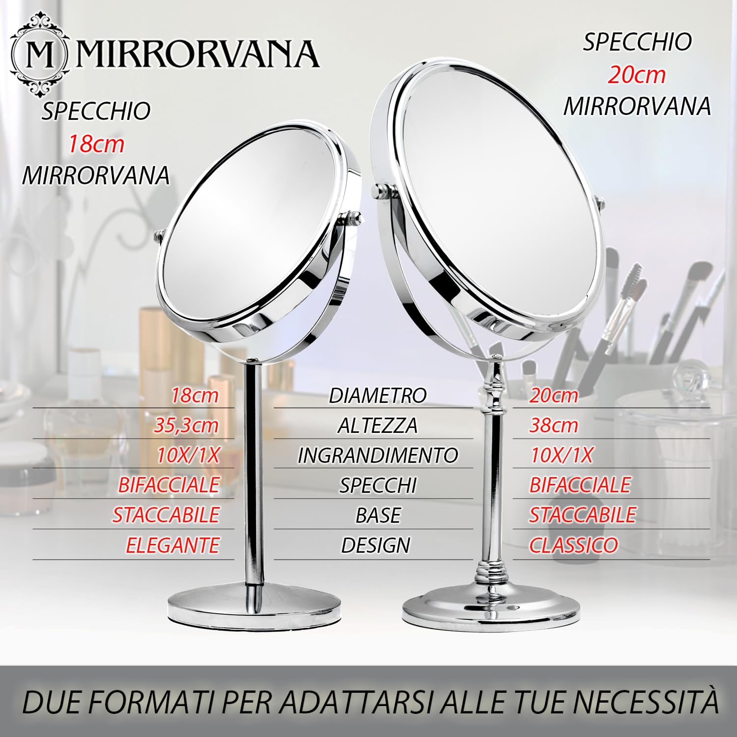Mirrorvana Specchio da tavolo ingranditore 10X e 1X - specchietto telescopico da bagno per trucco e make up, specchio da appoggio 20 cm (cromato)
