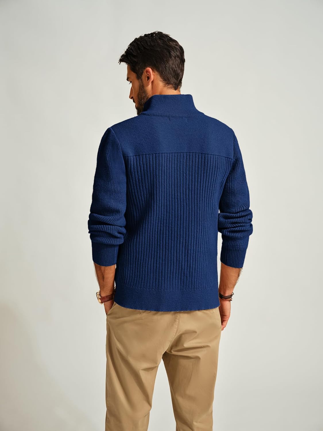 PJ PAUL JONES Men's Full Zipper Cardigan Casual Stand Collar Cardigan Sweater Ribbed Knit Long Sleeve Sweater - Image 2