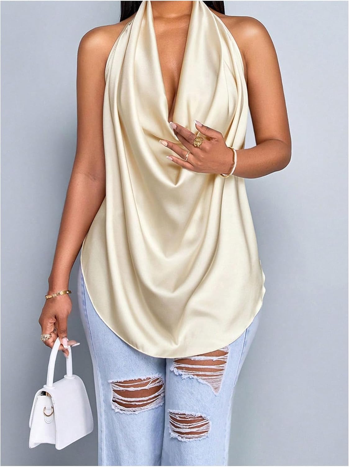 SOLY HUX Women's Halter Tops Open Back Deep V Cowl Neck Draped Front Sleeveless Summer Going Out Top - Image 4