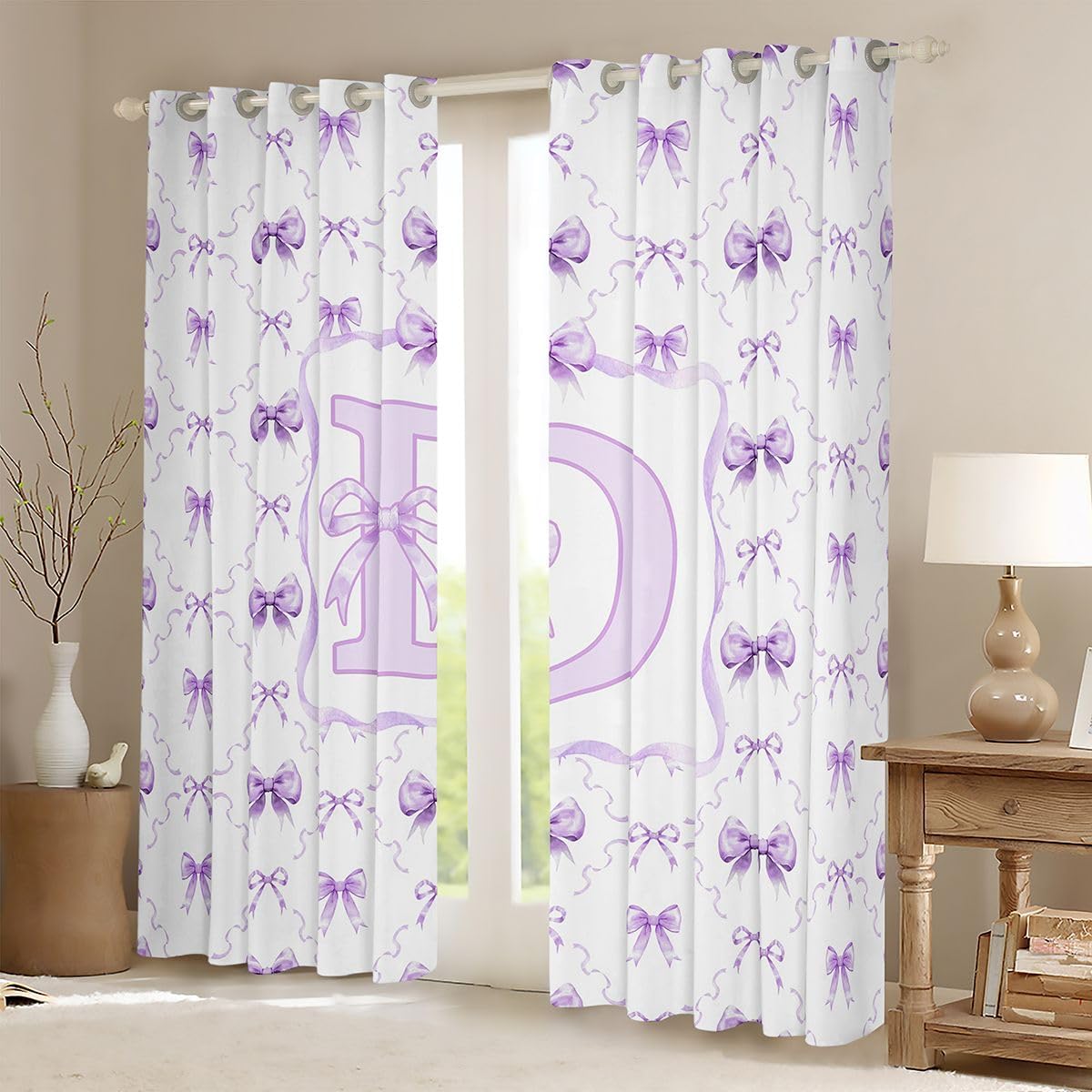 Erosebridal Purple Bow Blackout Curtains, Costom Initial D Bowknot Curtains Drapes, Purple and White Bow Tie Kids Girls Bedroom Decor, Cute Preppy Bows Window Treatments 2 Panels 38 x 45 Inch