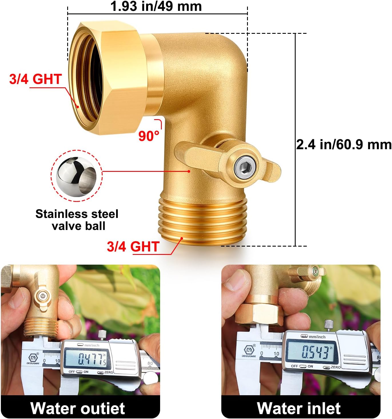 Garden Hose Elbow with Shut Off Valve 90 Degree Brass Connector 3/4" GHT Garden Hose On RV Adapter Large-diameter flow Elbow (90 Degree 2PCS)