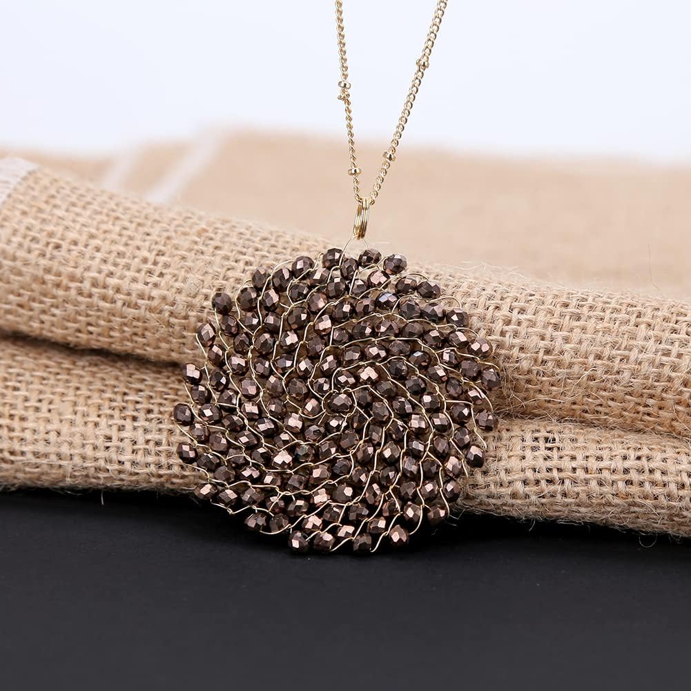 Niumike Handmade Crystal Circle Pendant Necklace and Earring Sets for Women Prom Disc Long Statement Necklaces Jewelry Sets with Gifts Box