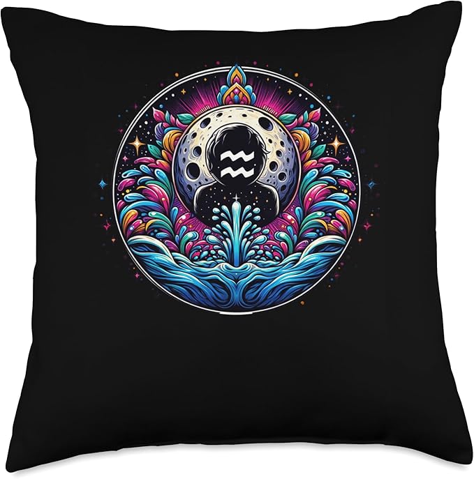 Aquarius Zodiac Art With Colorful Waves And Celestial Throw Pillow