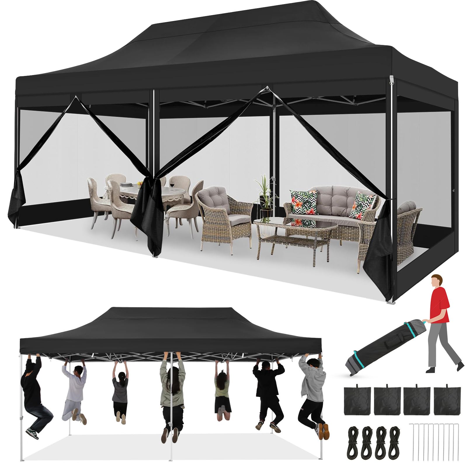 COBIZI 10x20 Heavy Duty Pop Up Canopy Tent with 6 Sidewalls, Easy Set Up Outdoor Waterproof Screen Commercial Party Tent with Mosquito Netting for