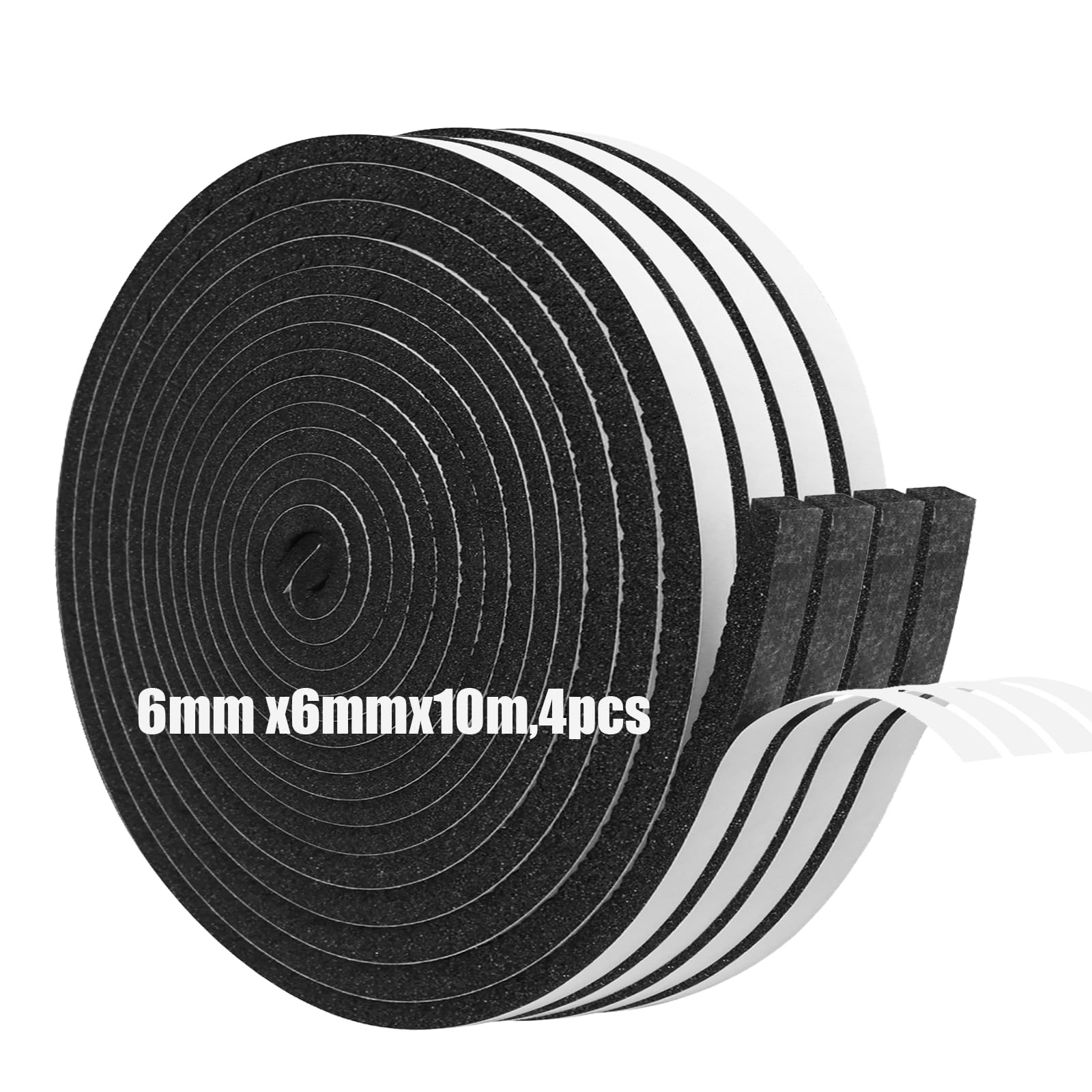 Foam Insulation Tape Self Adhesive,6mm(W) x6mm(T) x10m(L)-4pcs,Weather Stripping for Doors and Windows,Sound Proof Soundproofing Door Seal,Weatherstrip,Cooling,Air Conditioning Seal Strip