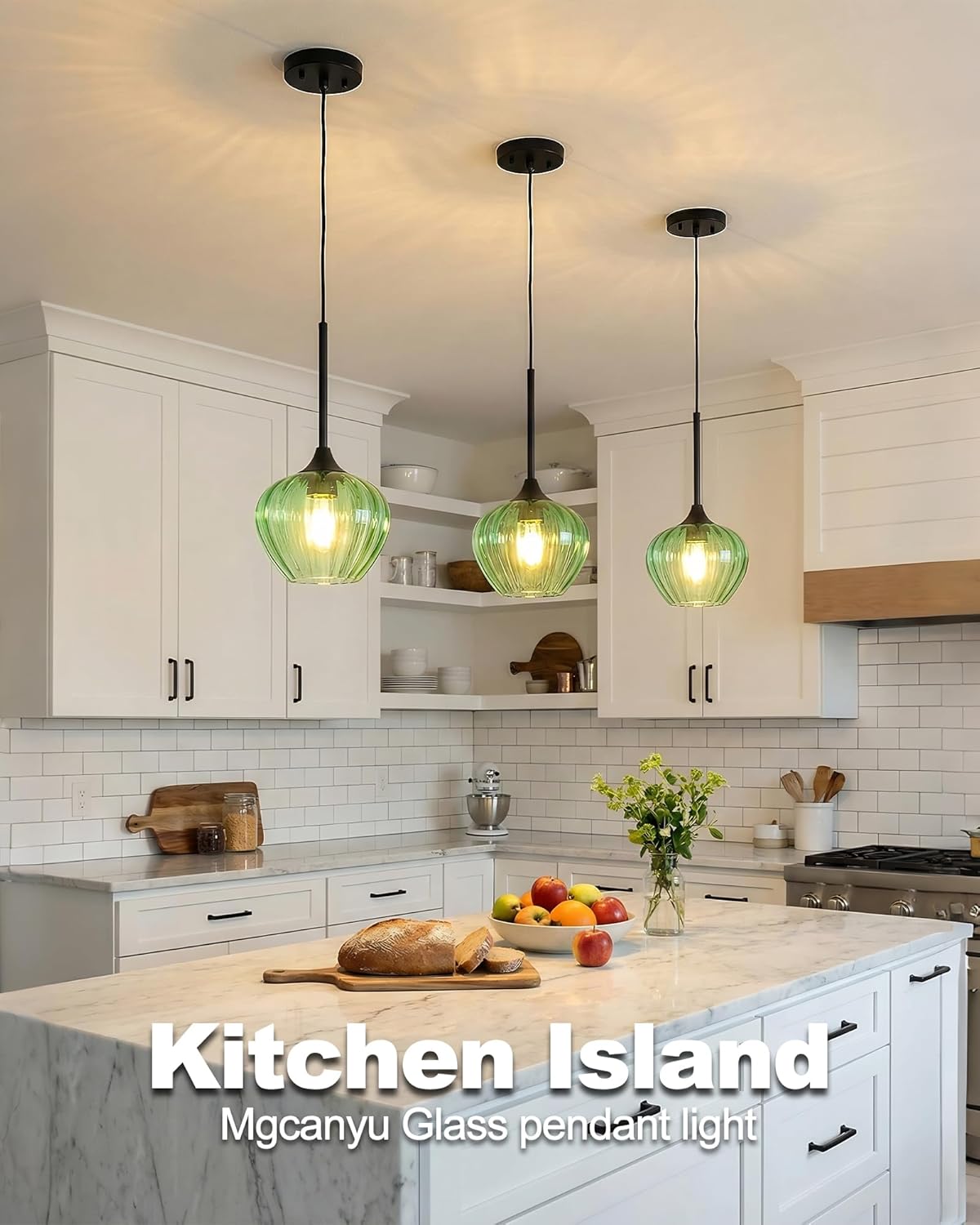 Green Pendant Lights Kitchen Island, 7" Vintage Glass Pendant Lighting Samll Adjustable Hanging Light Fixtures for Kitchen, Dining Room, Sink, Bathroom