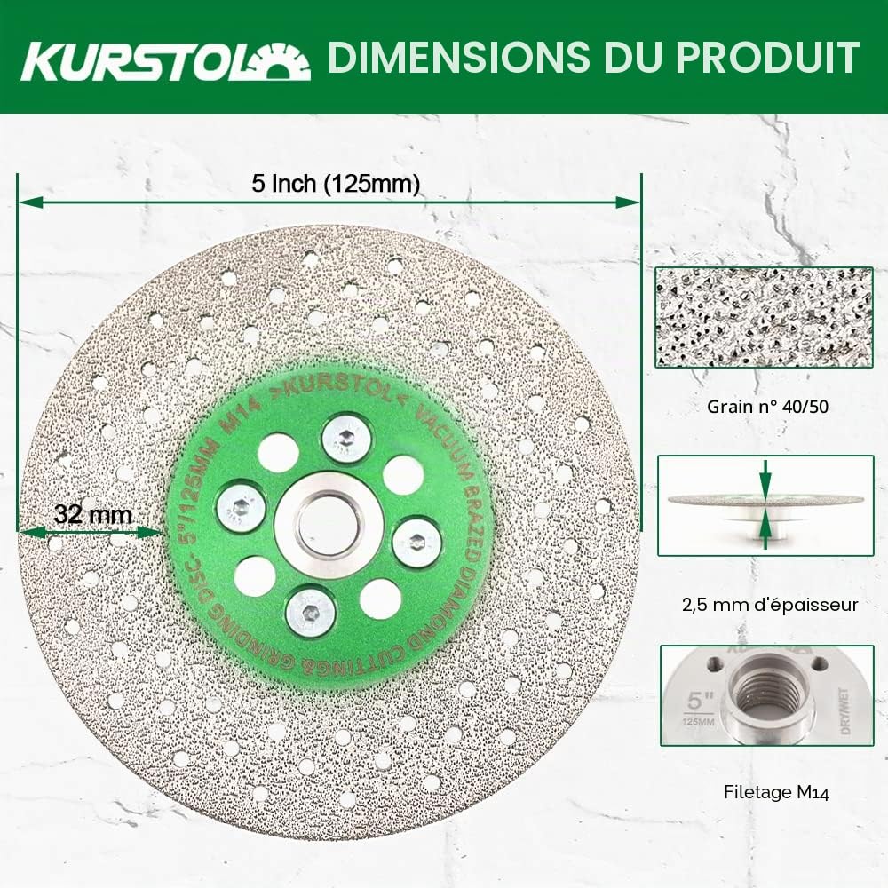 Lame diamant pour meulage - Disque diamant 5"/125 mm x M14 - disque granit pour façonner le biseau de la porcelaine, du carrelage, de la céramique, du granit, du béton