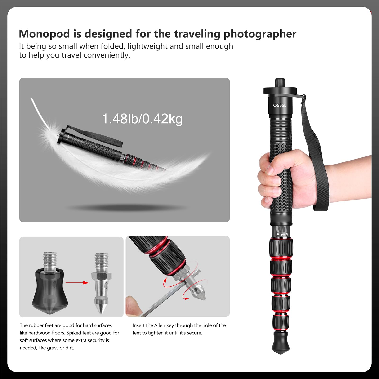 61 Inch Carbon Fiber Camera Monopod Heavy Duty Stand with 6 Section Height, Load up 10kg for Compact Cameras, Mirrorless, DSLR