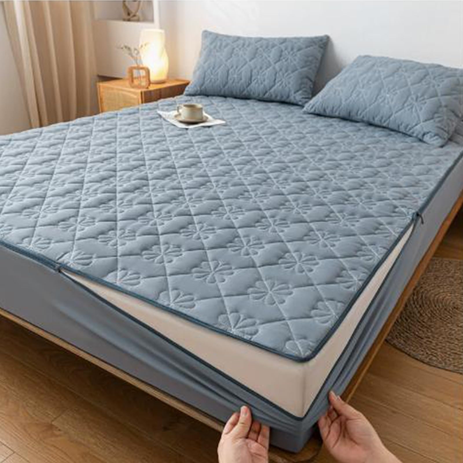Funda de cama impermeable azul suave 180x200 para colchón de 12 pulgadas