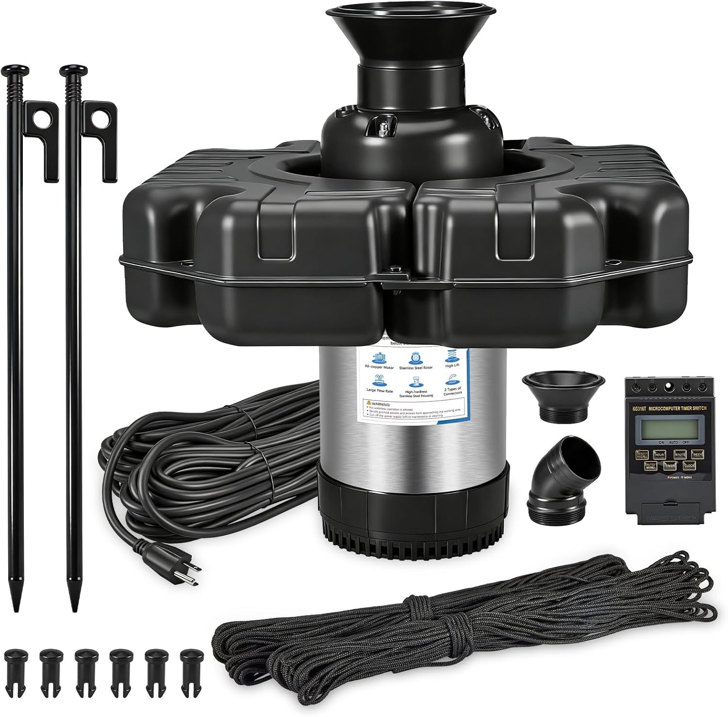 Pond Fountain Aerator, 1HP 15000 GPH Stainless Steel Floating Fountain with Timer, 100 FT Power Cord, 110V 750W, for Outdoor Backyard Water Garden