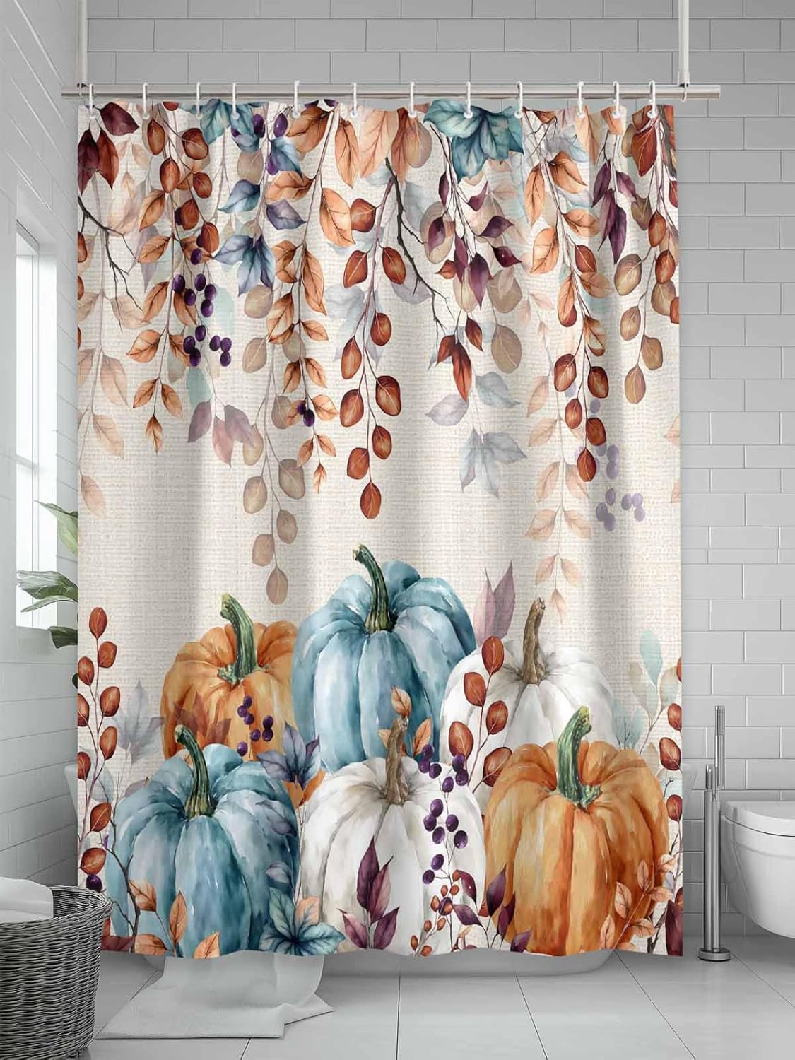 Blue Grey Pumpkins Fall Shower Curtain Set - Small 36" x 72" Thanksgiving Washable Bathtub Curtain with 12 Hooks, Maple Leaf Waterproof Fabric Stall Shower Curtains for Bathroom/Bathtub Décor