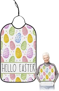 Kewadony Adult Bibs for Elderly Women - Easter Egg Waterproof Dining Clothing Protectors with Crumb Catcher for Eating/Feeding, Hello Spring Watercolor Terry Cloth Bib Machine Washable