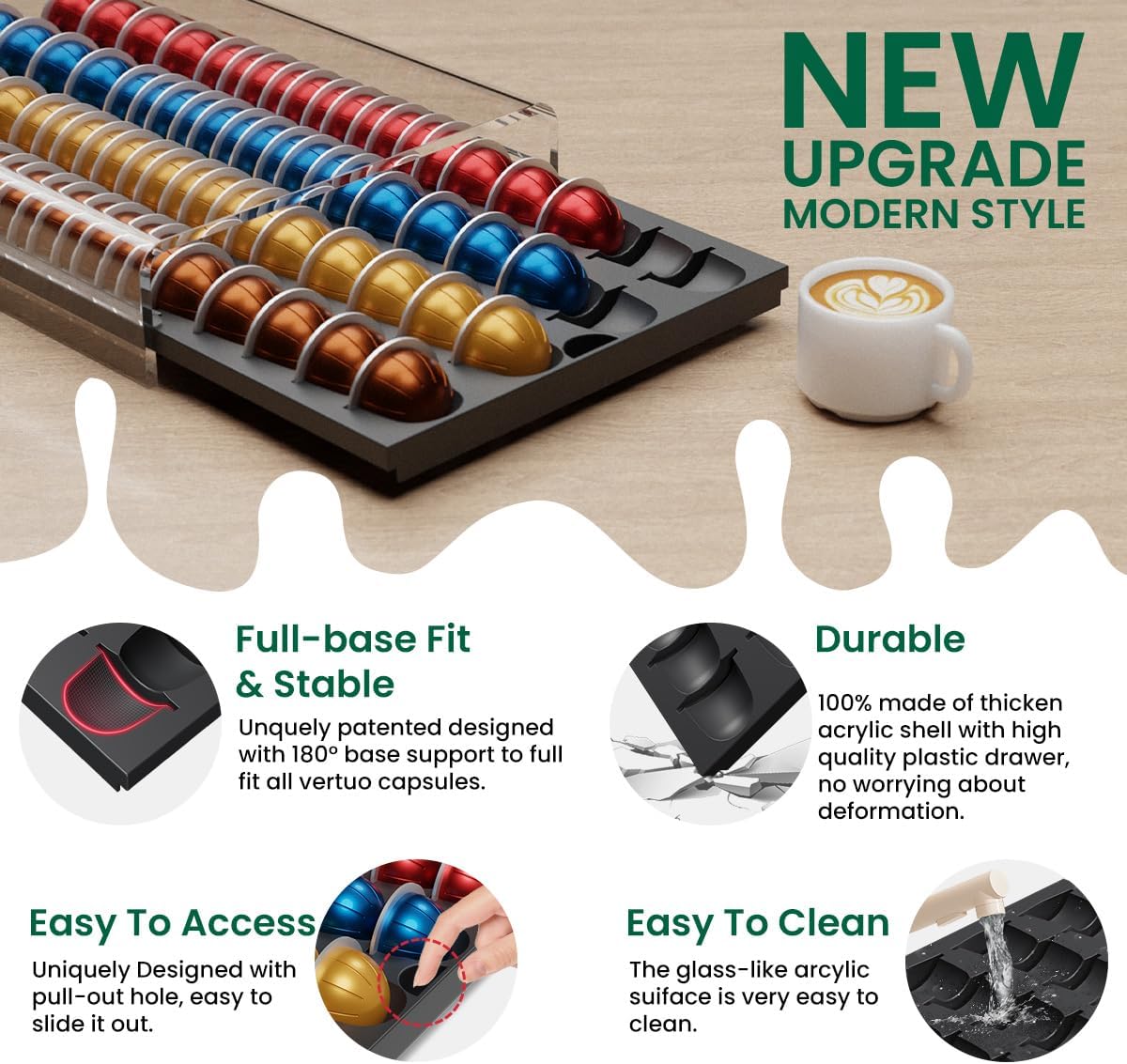 Coffee Pods Storage for Nespresso Vertuo Capsules Organizer, with Arcylic Top & Plastic Drawer, Holds 40 Pods