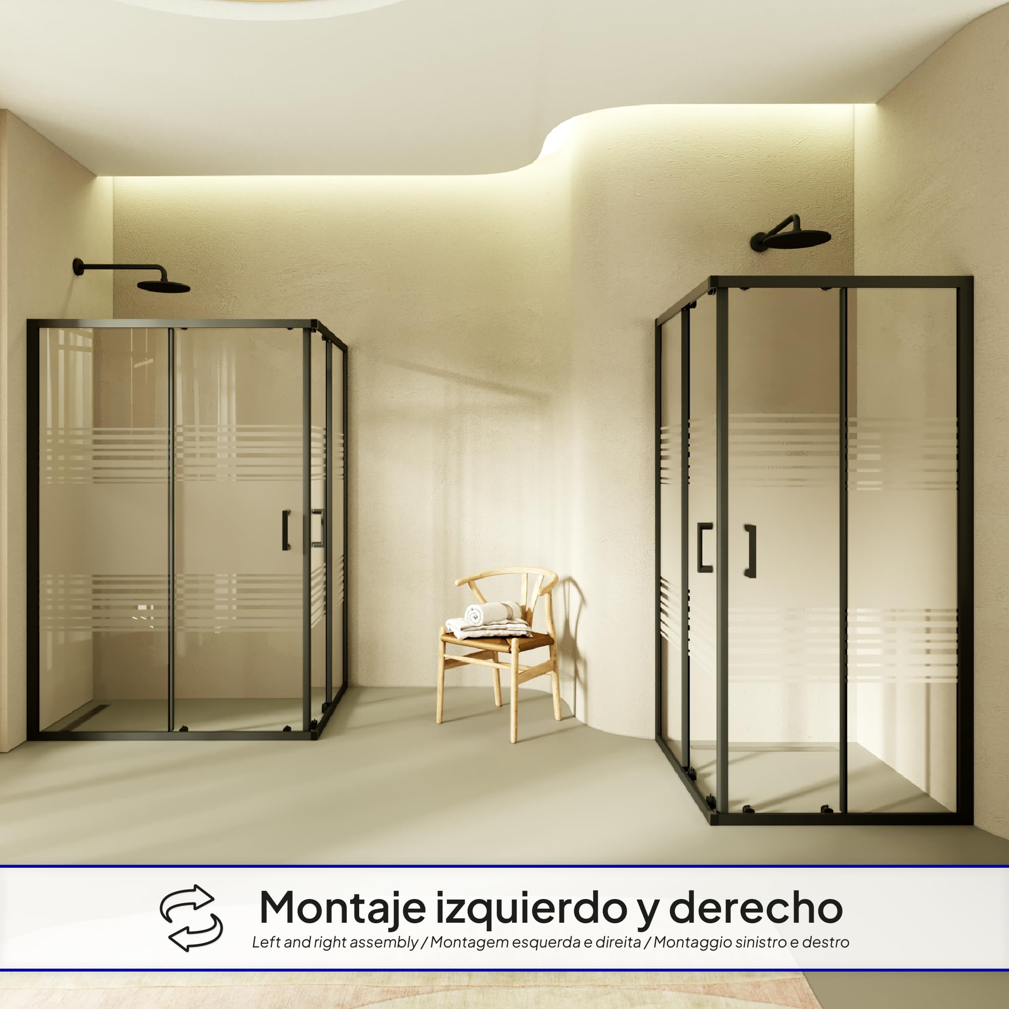 Mampara de Ducha Diana 80x80x180cm, REVERSIBLE, Puertas Correderas, Ajuste 77.5-79.5x77.5-79.5cm, Perfiles Negros, Cristal Templado Parcialmente Satinado 6mm