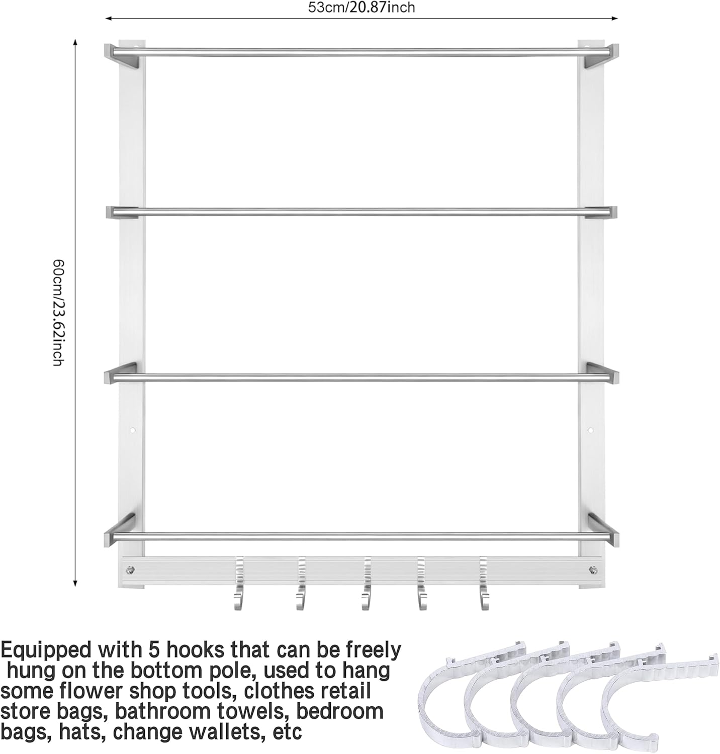 Wall-Mount Display Rack with 5 Hooks, Organizer Ribbon Holder Spool Roll Scarf &Tie Towel Storage Rack Sewing Craft Wrapping Paper Holder for Craft Room Retail Store Florist Home Bedroom