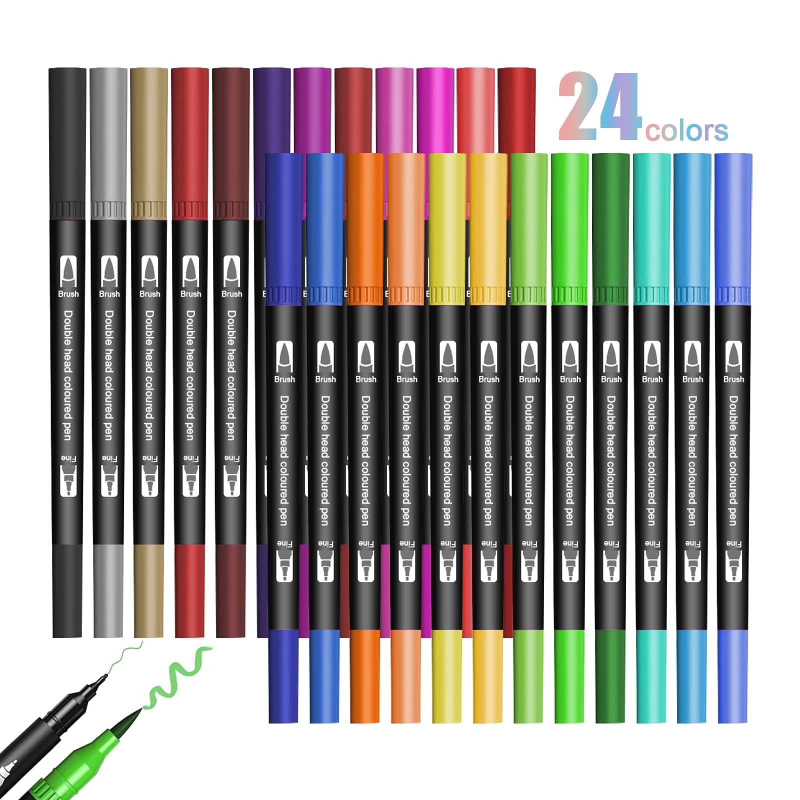 Mumoo Bear Dual Tip Brush Pens, 24 Colors Felt Tip Pen Set, Doodle Dazzle Outline Markers Pens, Fineliners Felt Pens, for Kids and Adults Drawing Sketching Design Scrapbooking Painting Lettering
